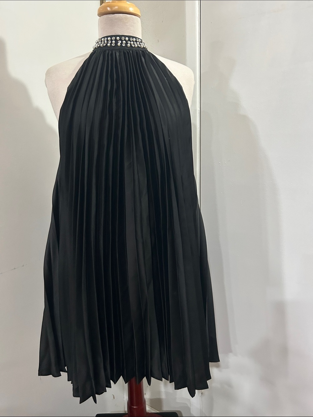 Black Halter Pleated Cocktail Dress with Embellished Neckline